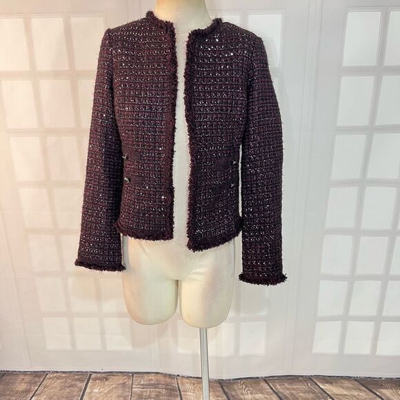 White House Black Market Purple Sparkling Tweed Fringe Jacket Blazer Size 8P - Picture 1 of 10